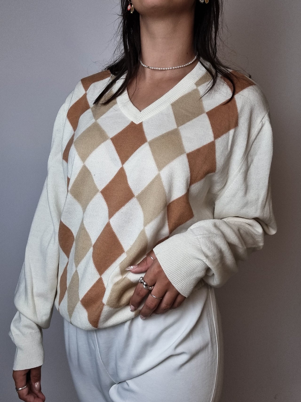 Pull en laine crème à carreaux S