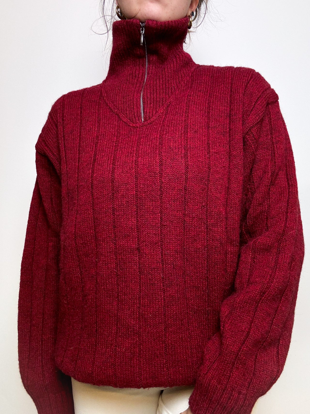 Pull en laine rouge à zip Vintage L/XL