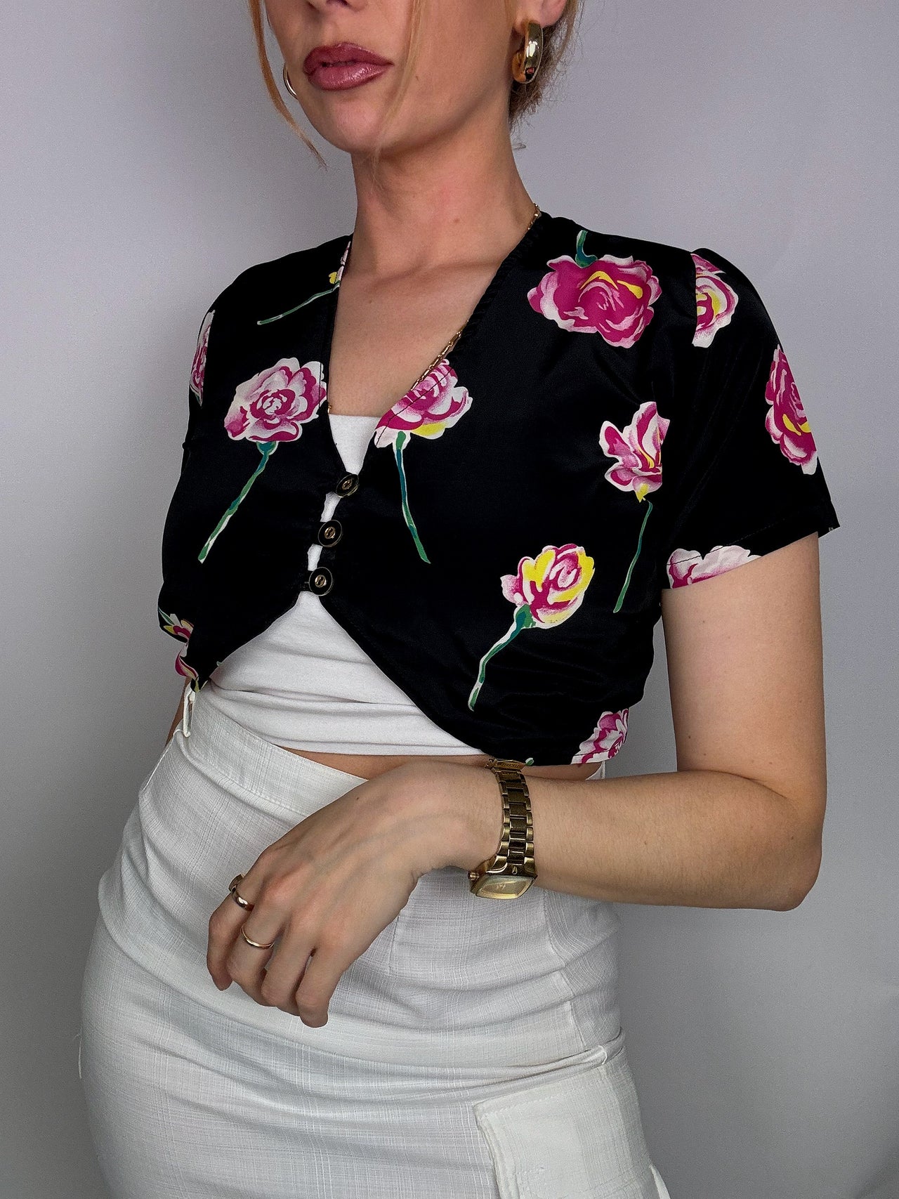 Vintage floral black crop top blouse