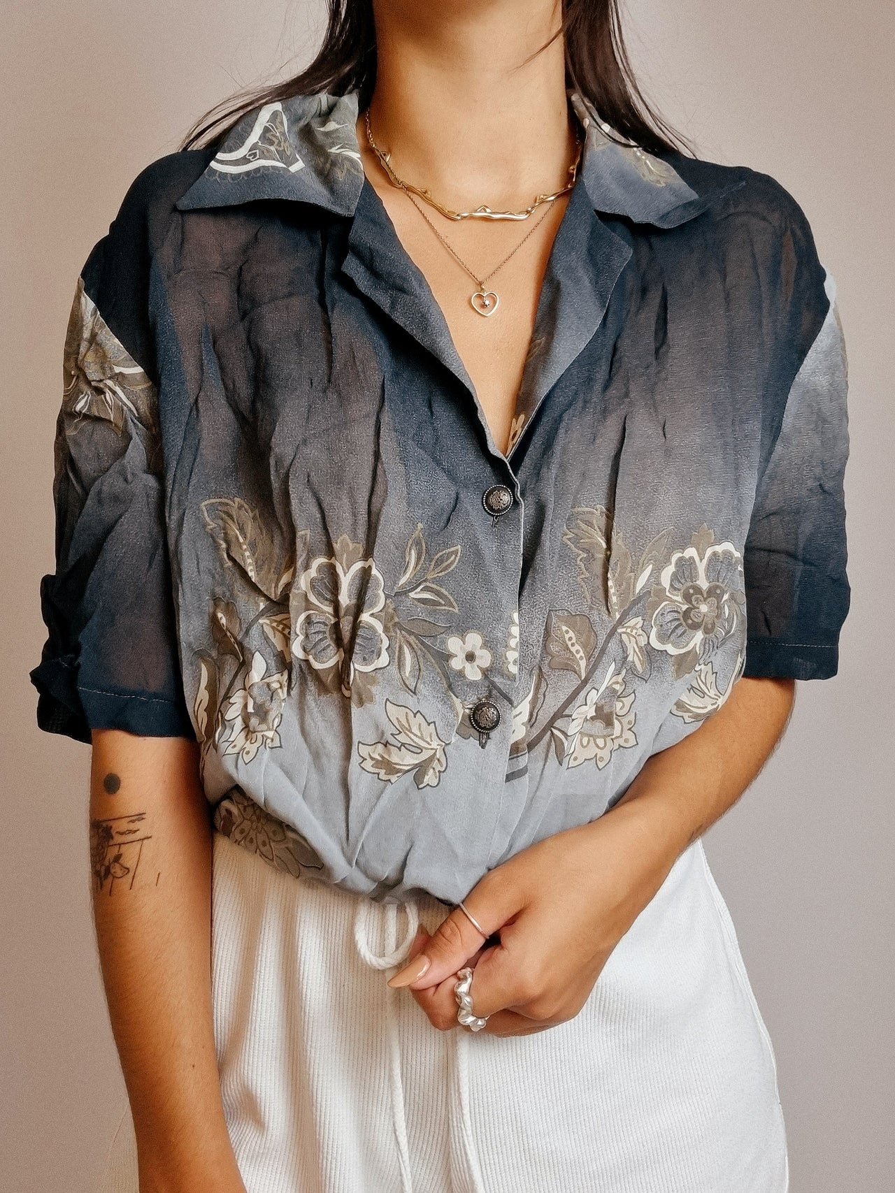 Chemise Vintage 80/90s noire et beige à motifs