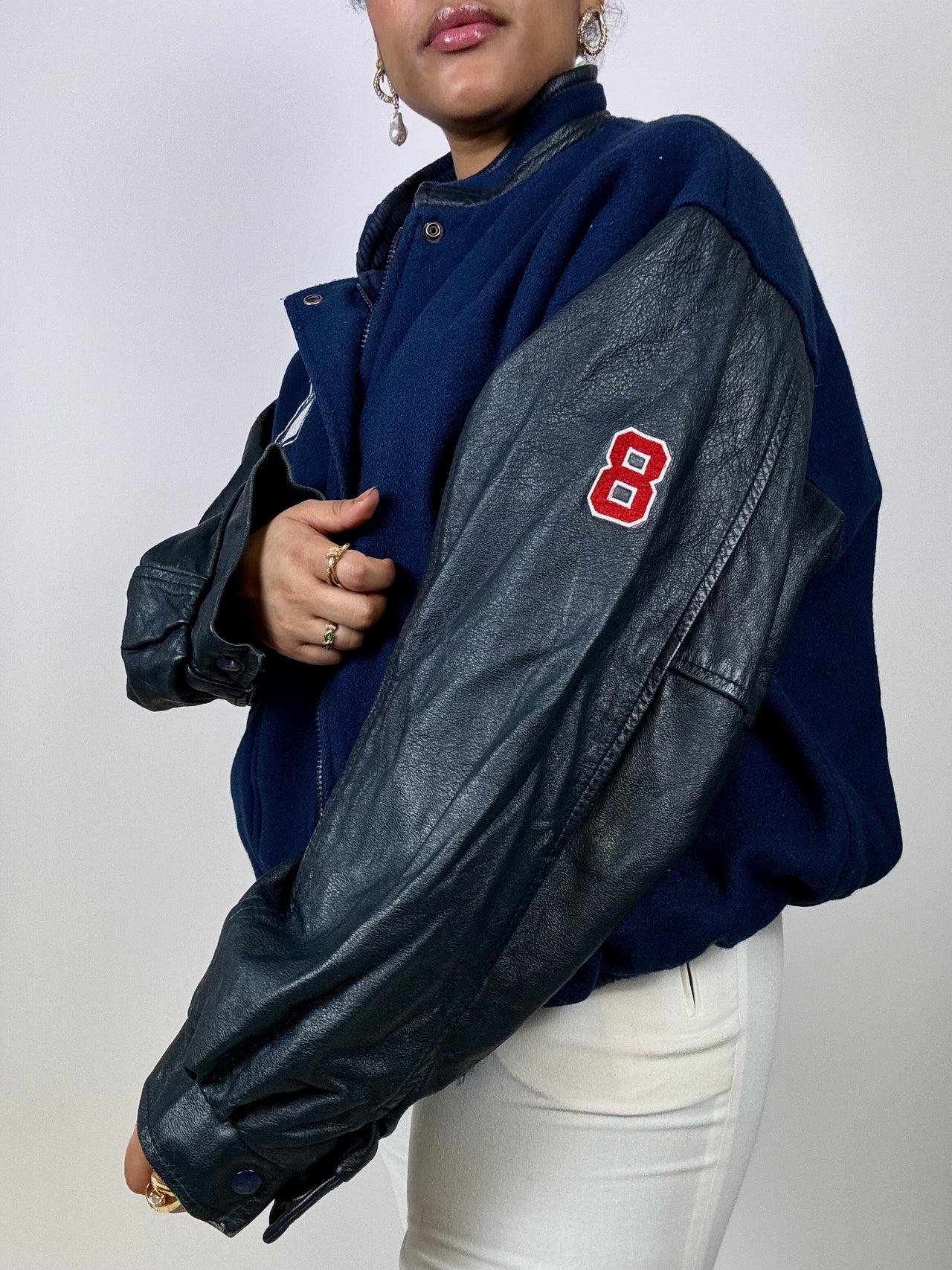 Bomber américain navy bleu/noir manches en cuir Vintage L