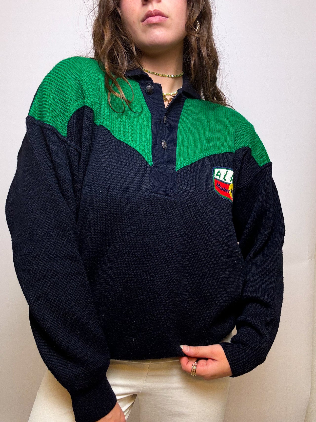 Pull en laine noir et vert à col vintage M/L