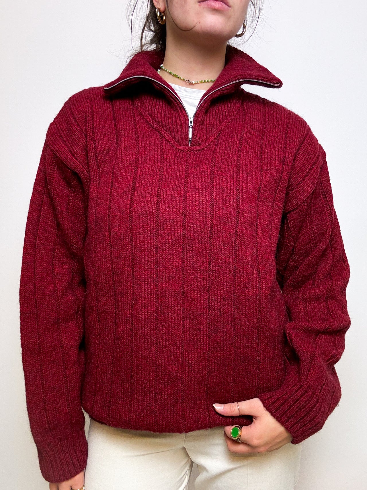 Pull en laine rouge à zip Vintage L/XL