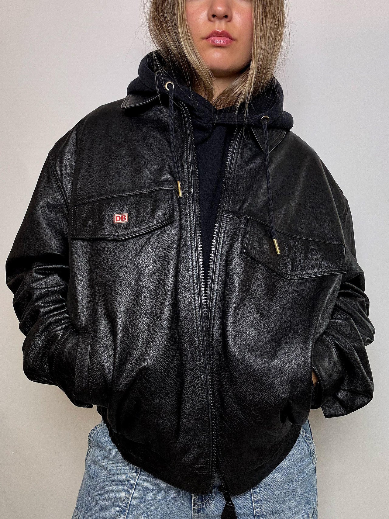 Blouson oversized en cuir vintage noir L/XL