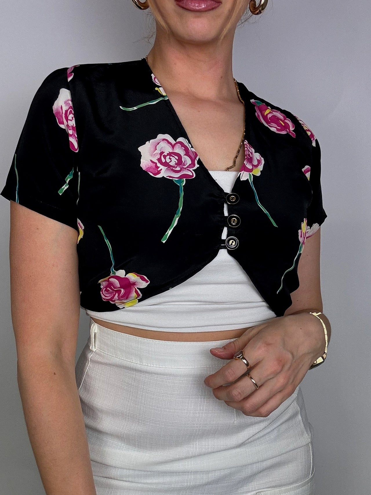 Vintage floral black crop top blouse