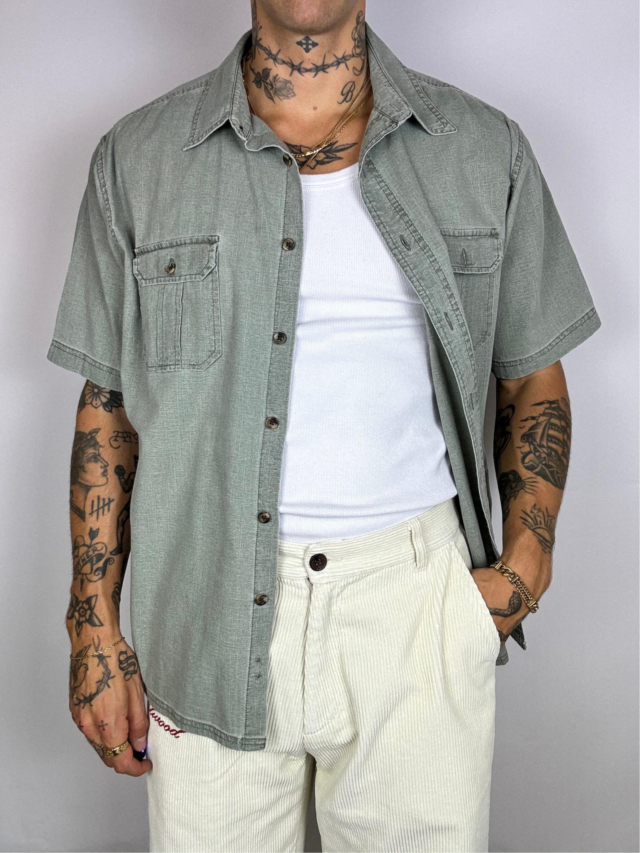 Kurzarmhemd aus salbeifarbenem Denim