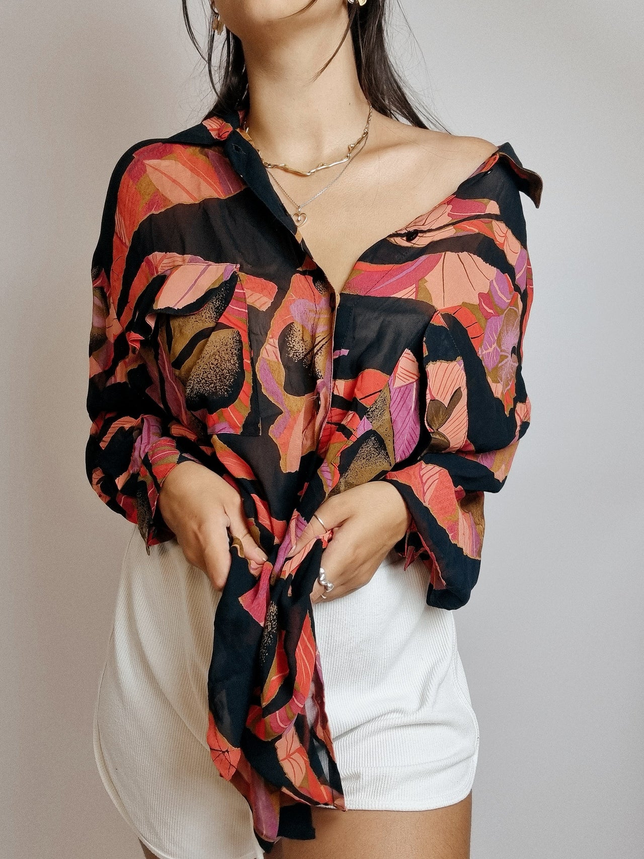 Vintage patterned blouse black orange pink