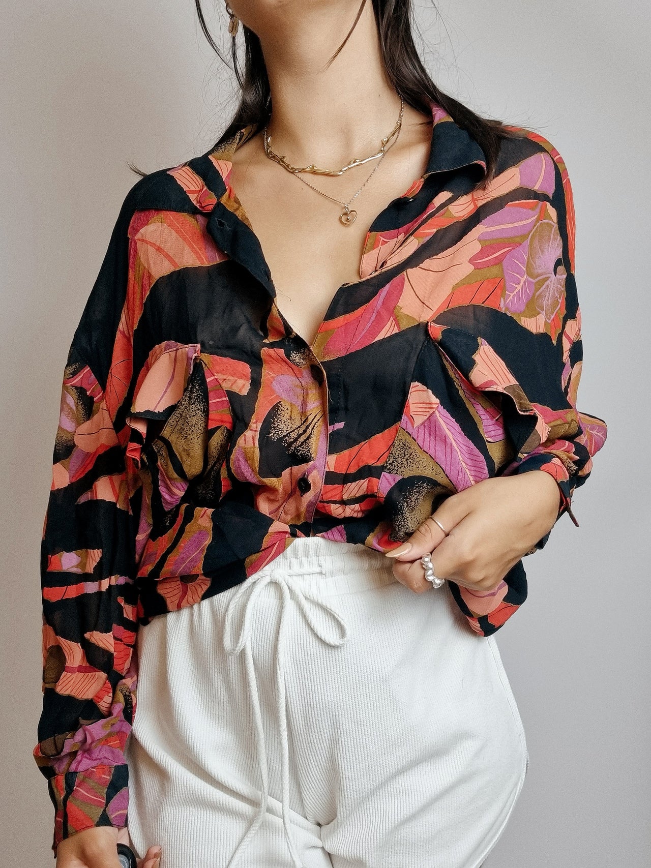 Vintage patterned blouse black orange pink