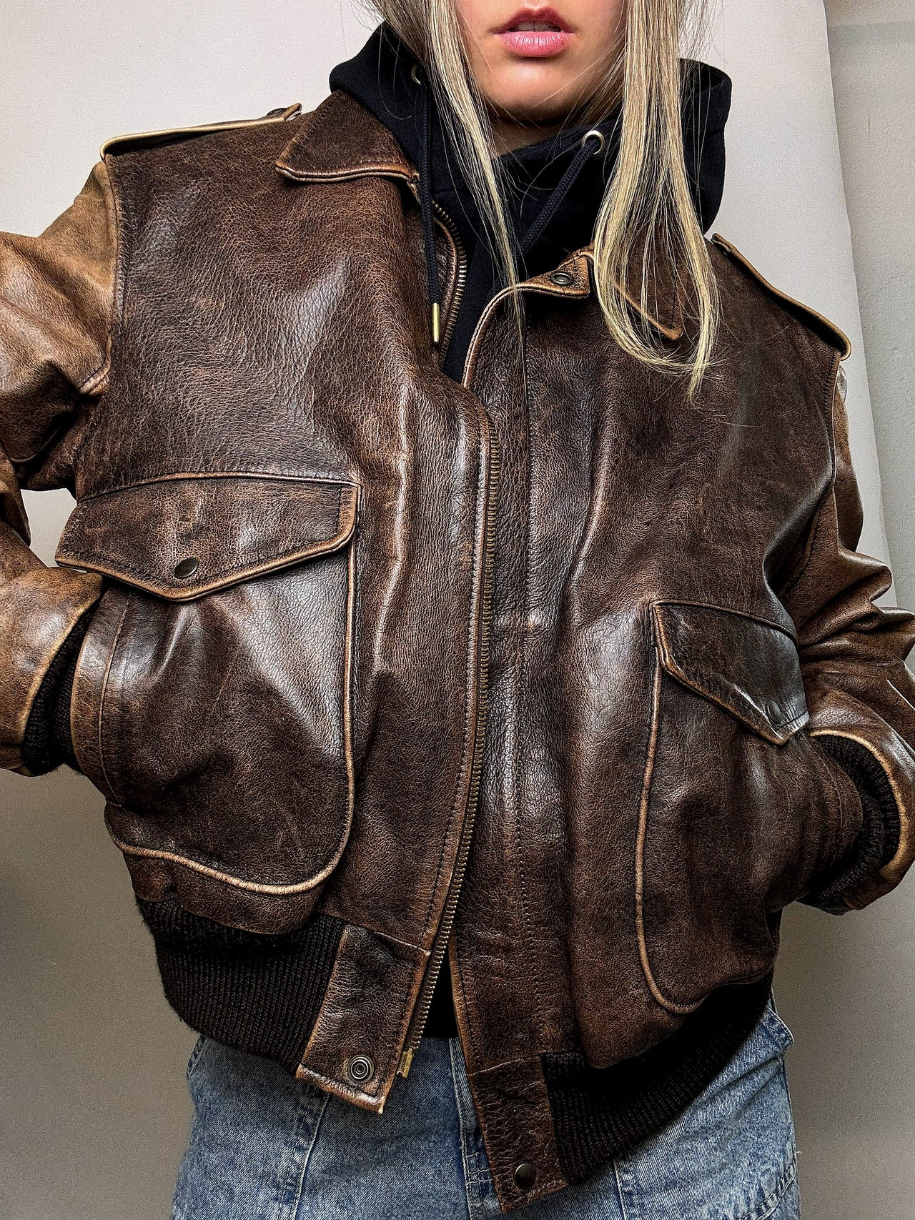 Blouson vintage en cuir marron