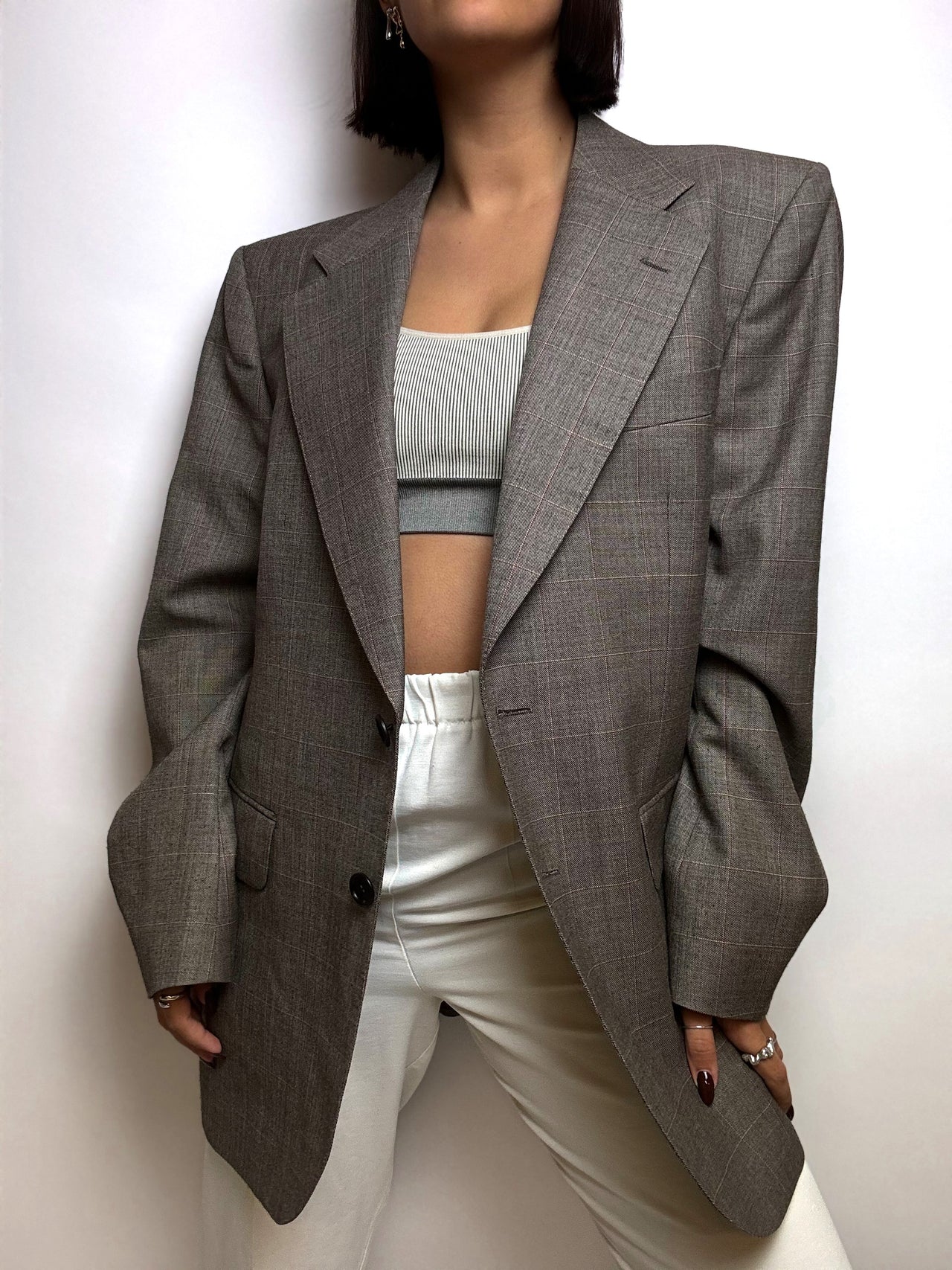 Blazer en laine vintage gris à carreaux M