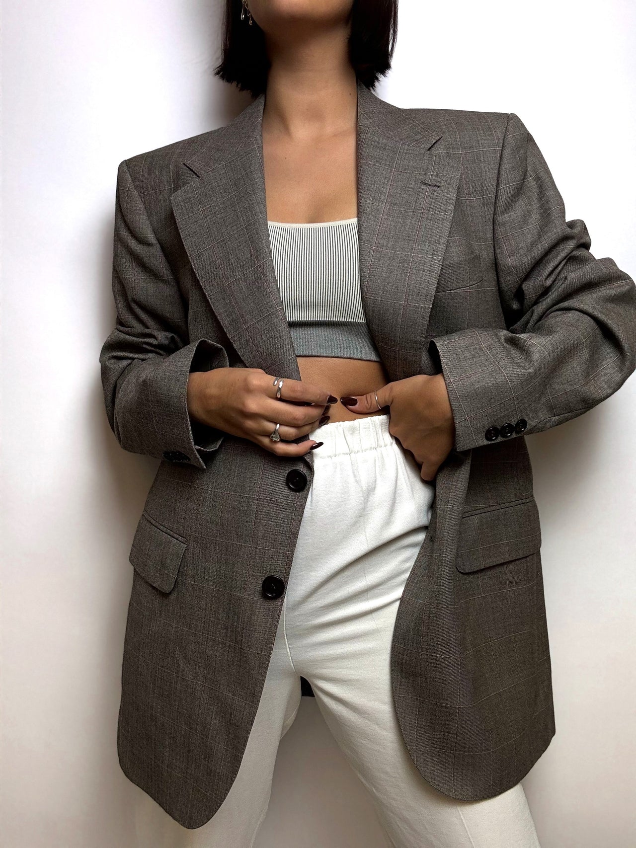 Blazer en laine vintage gris à carreaux M