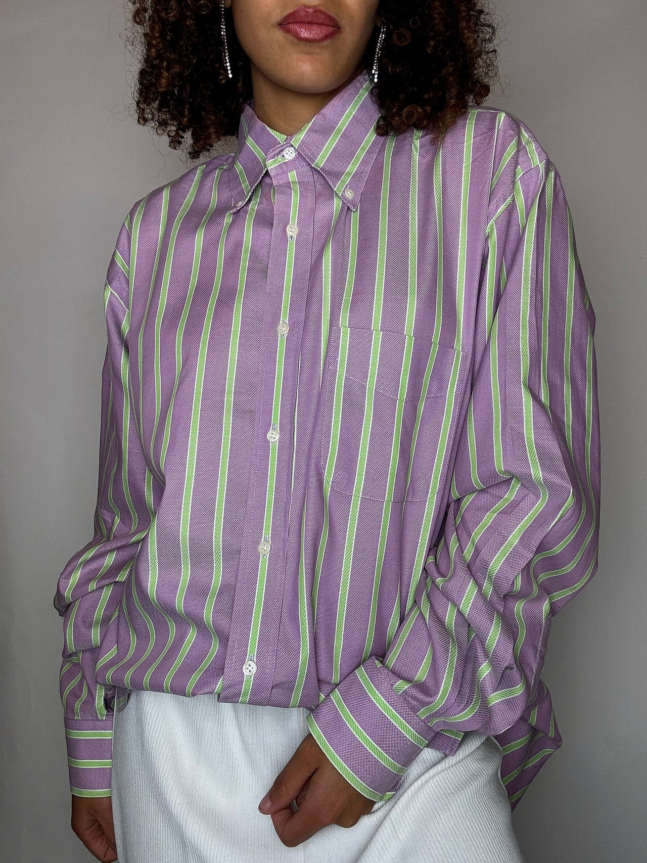 Chemise rayée rose et vert L vintage