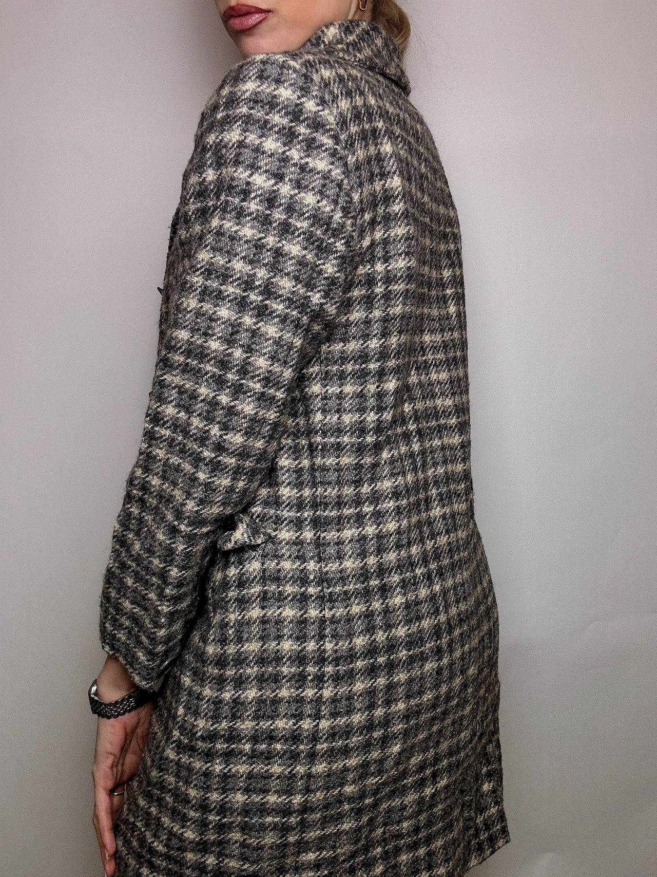 Vintage S grau karierter Wollmantel