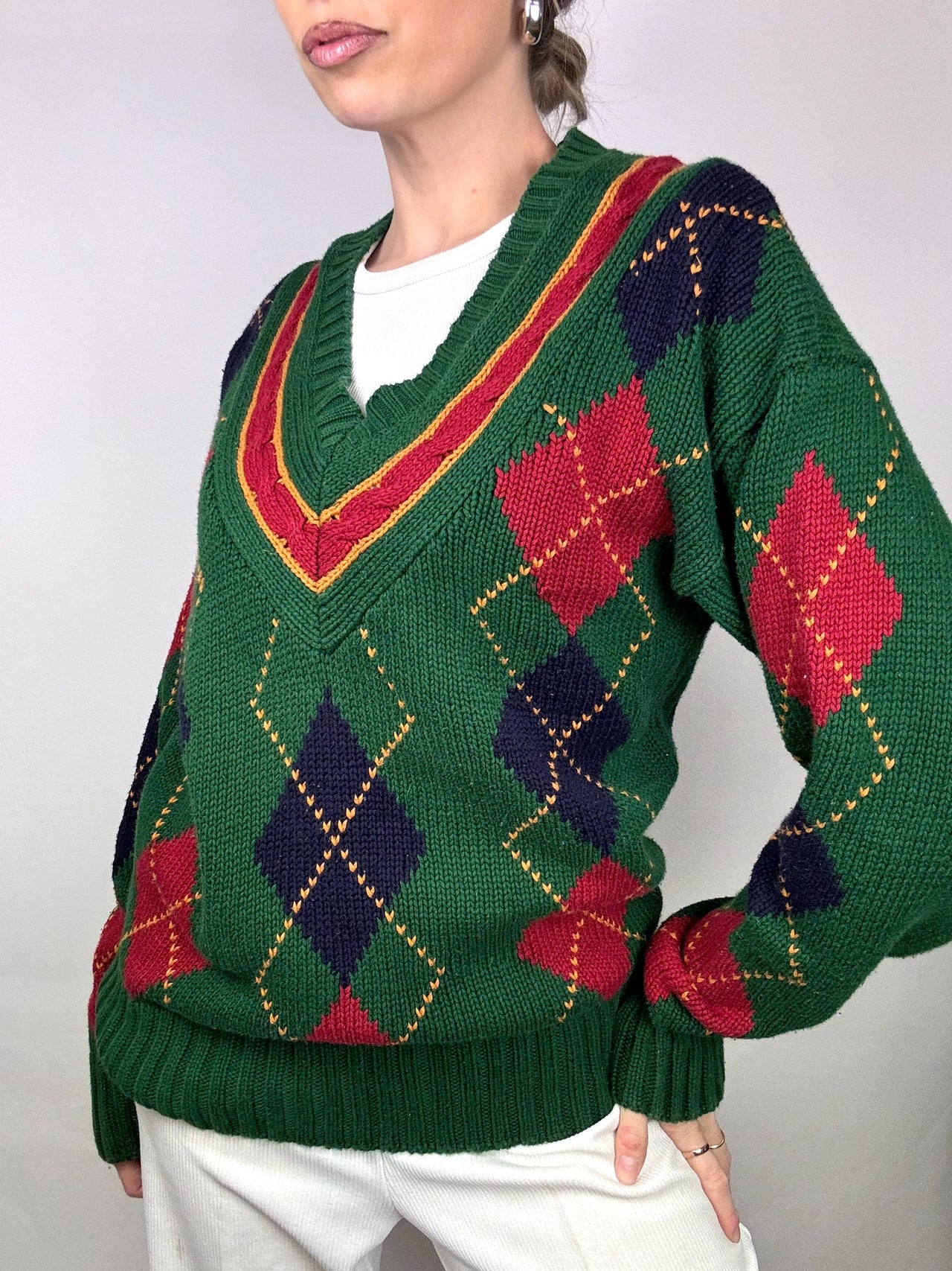 Grüner Pullover mit V-Ausschnitt und Argylmuster M Vintage