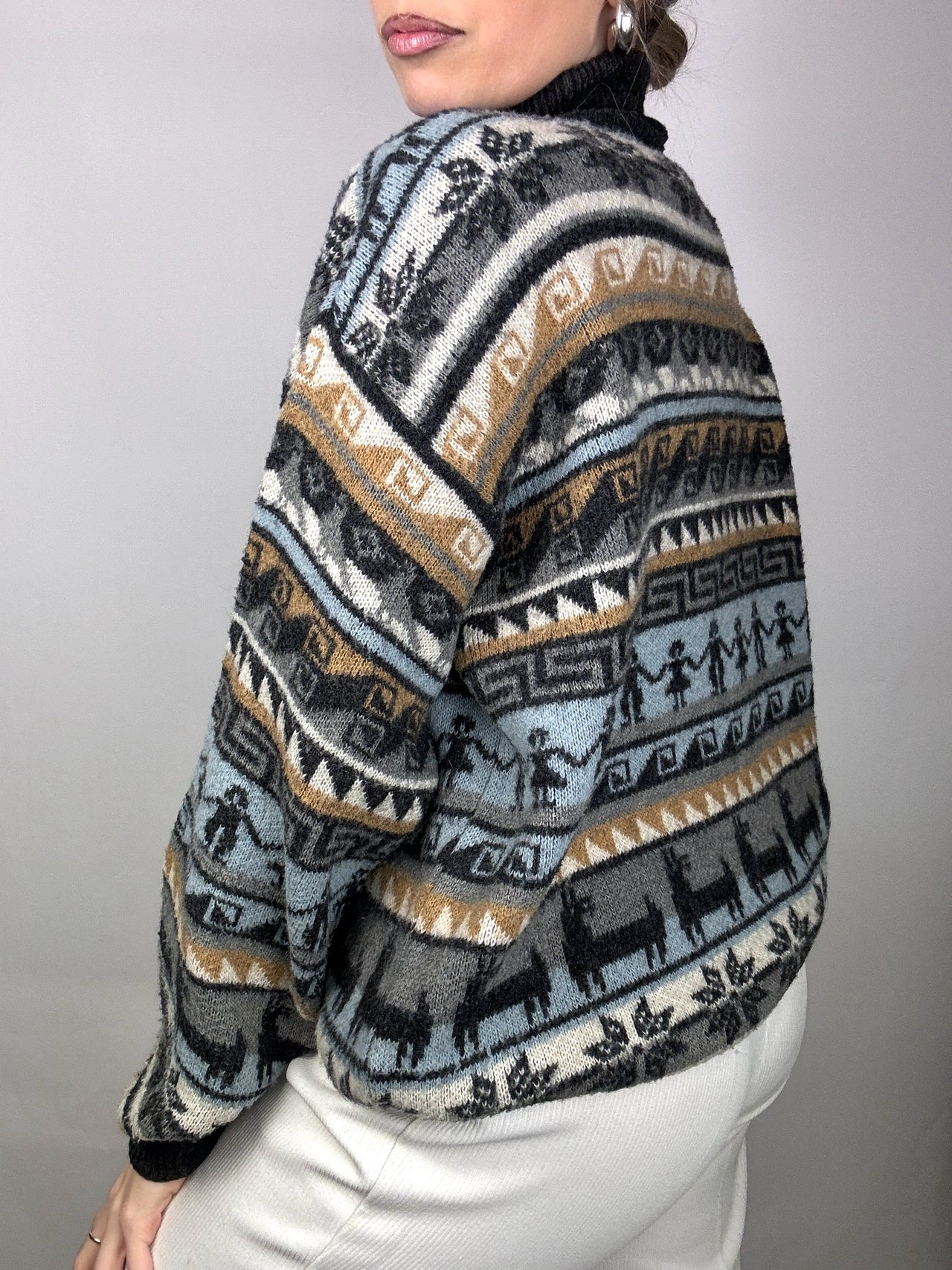 Vintage L grau und beige gemusterter Rollkragenpullover