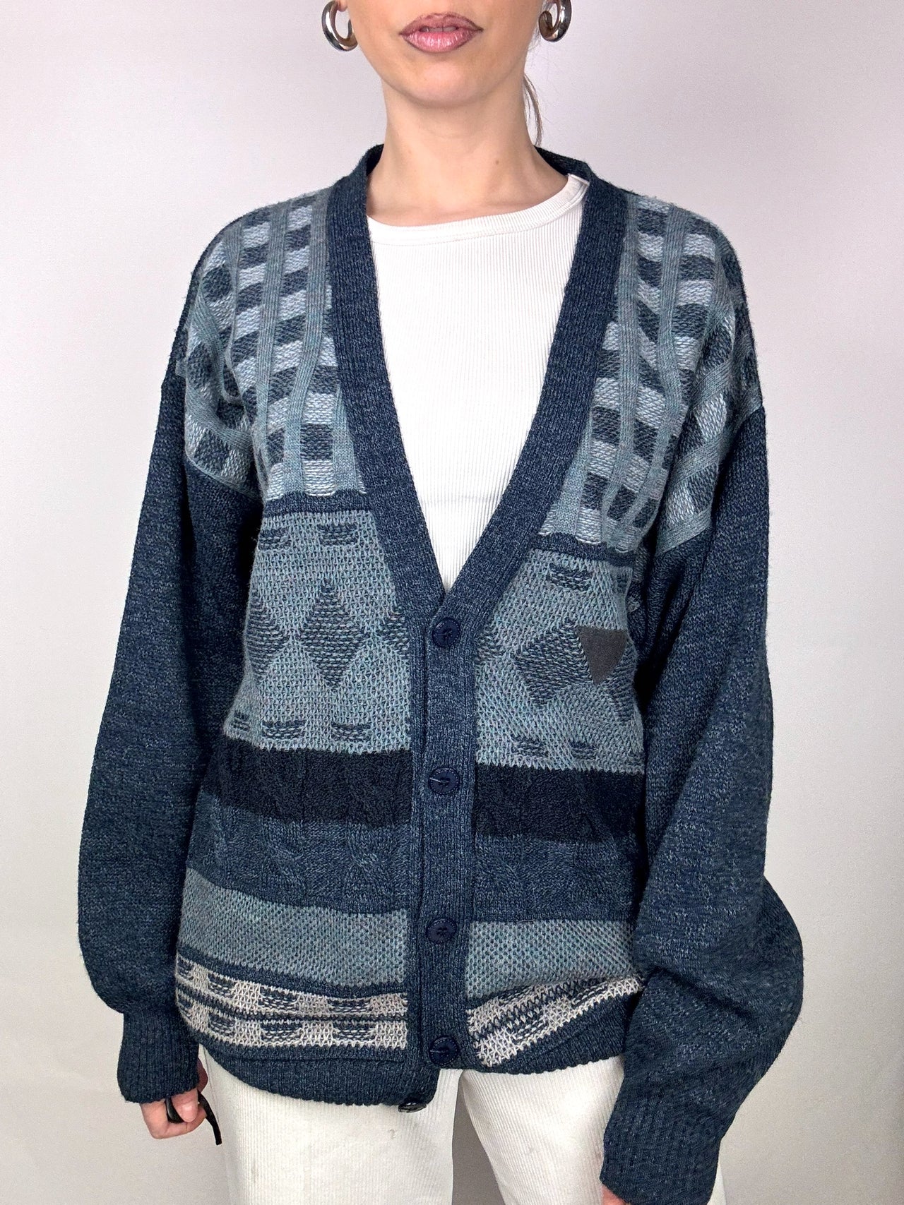 IZOD L Vintage blaue Muster Strickjacke