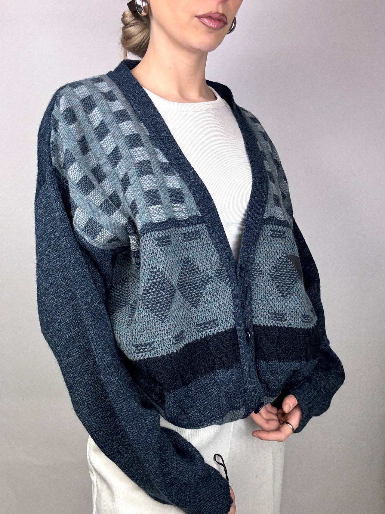 IZOD L Vintage blaue Muster Strickjacke