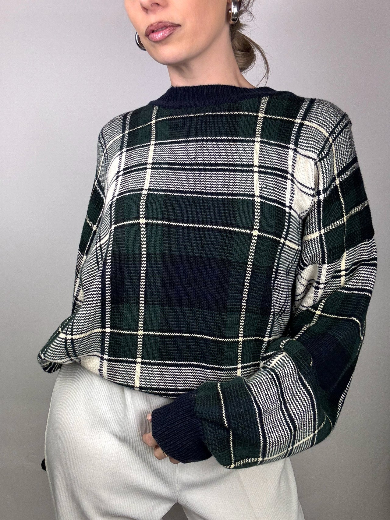 NAUTICA L Vintage grün und grau karierter Rundhalspullover