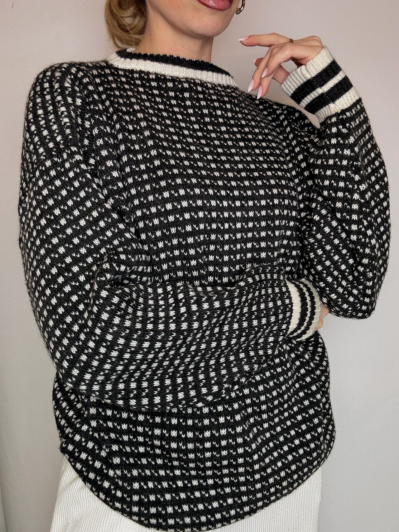 Vintage Gemusterter Strickpullover mit Rundhalsausschnitt M/L