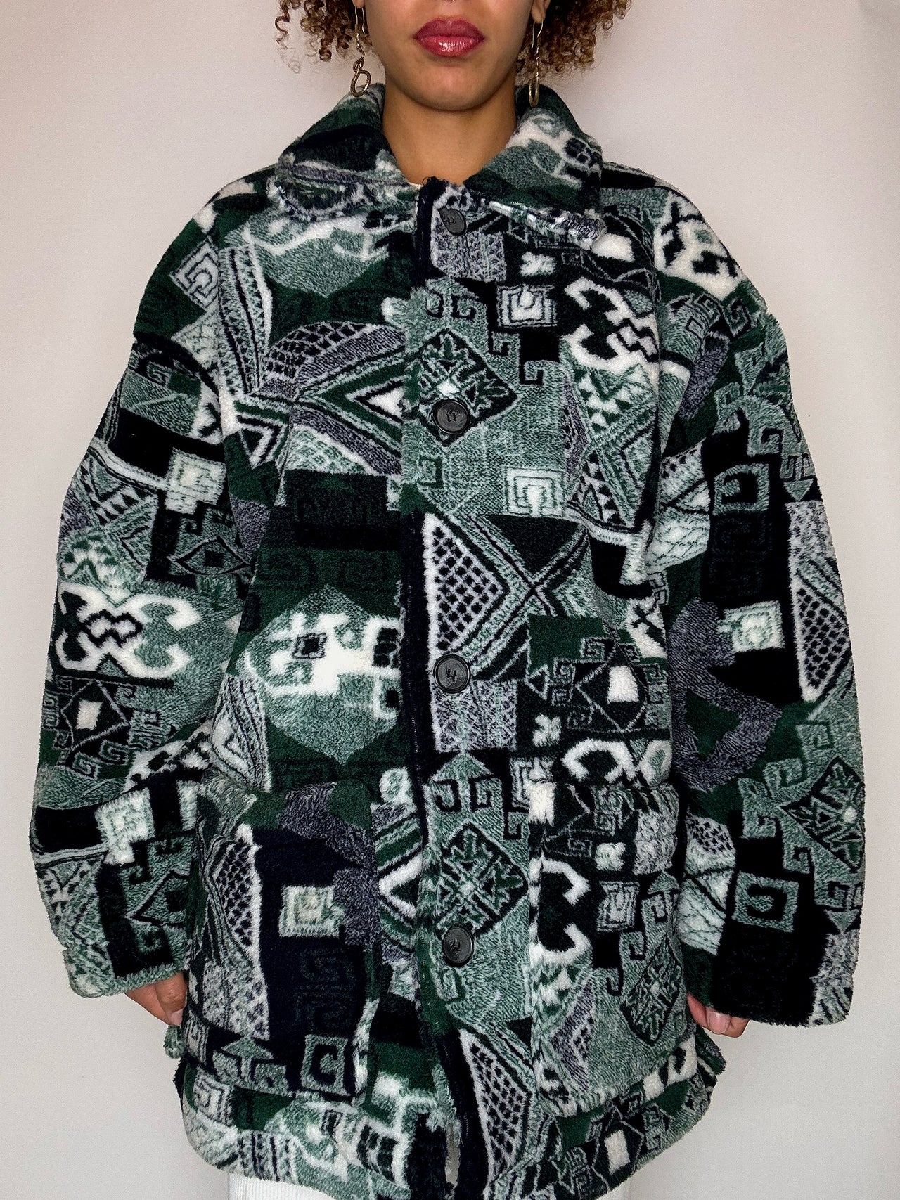 Manteau en polaire graphique vert L vintage