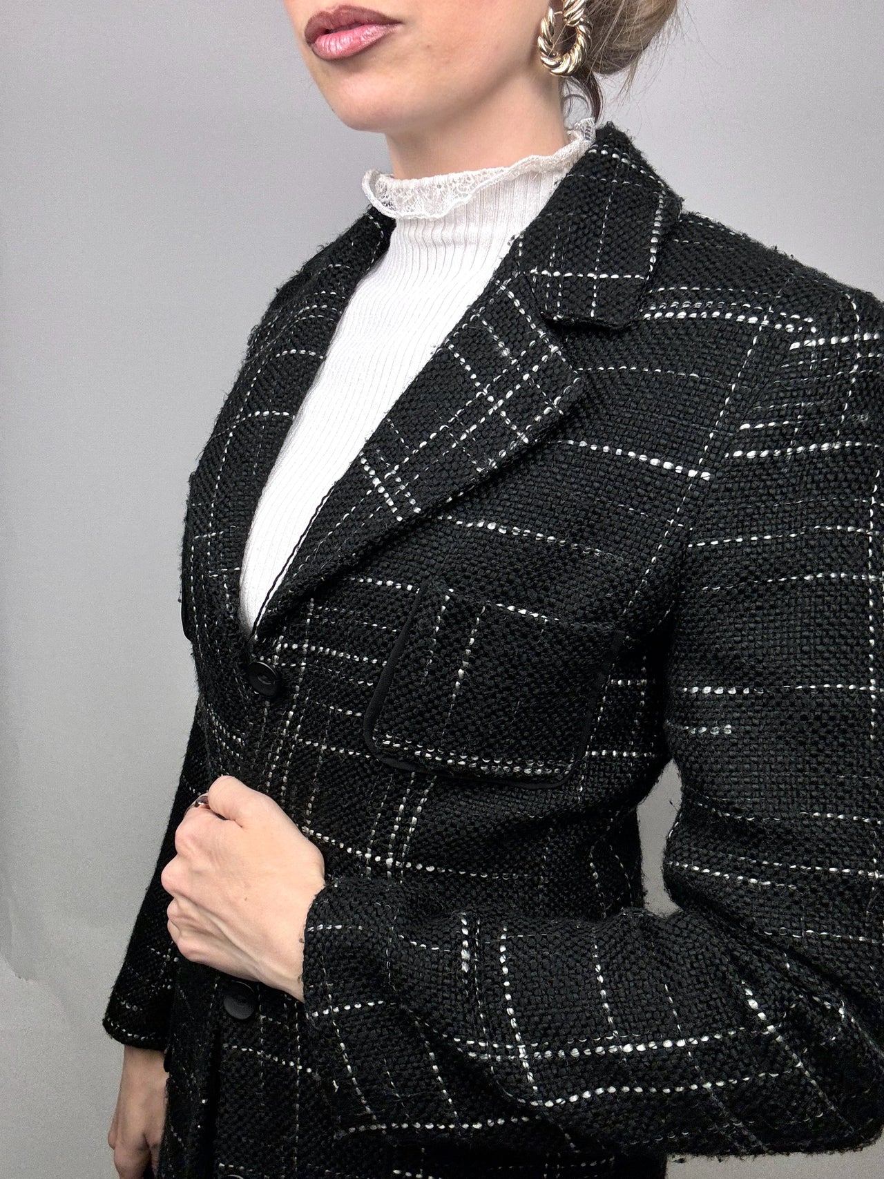 Manteau long noir à carreaux S vintage