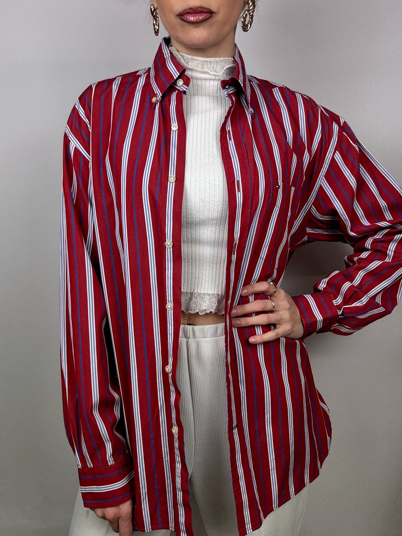 TOMMY HILFIGER M Vintage rot gestreiftes Baumwollhemd