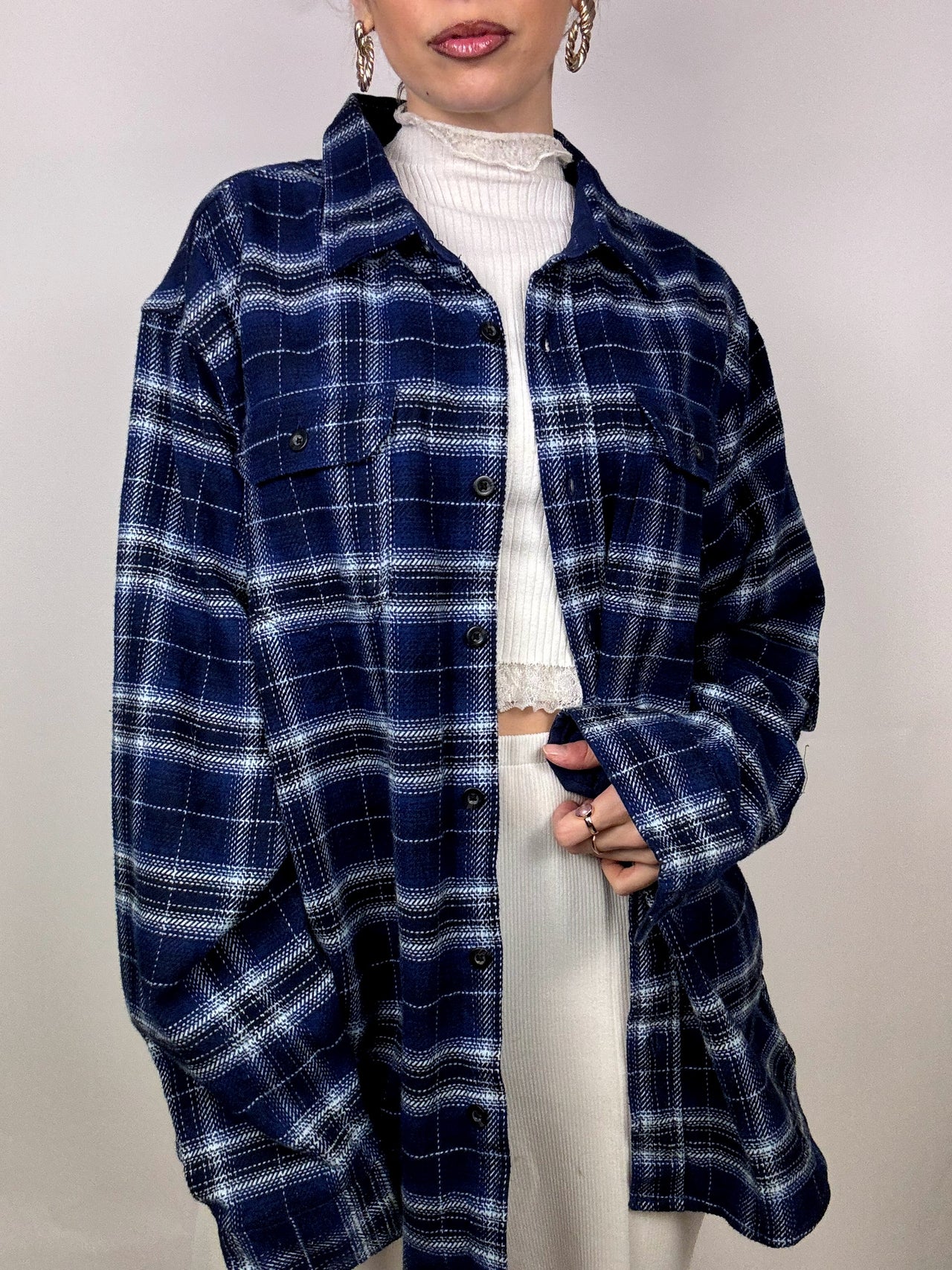 Vintage XL Blue and Black Plaid Thick Shirt