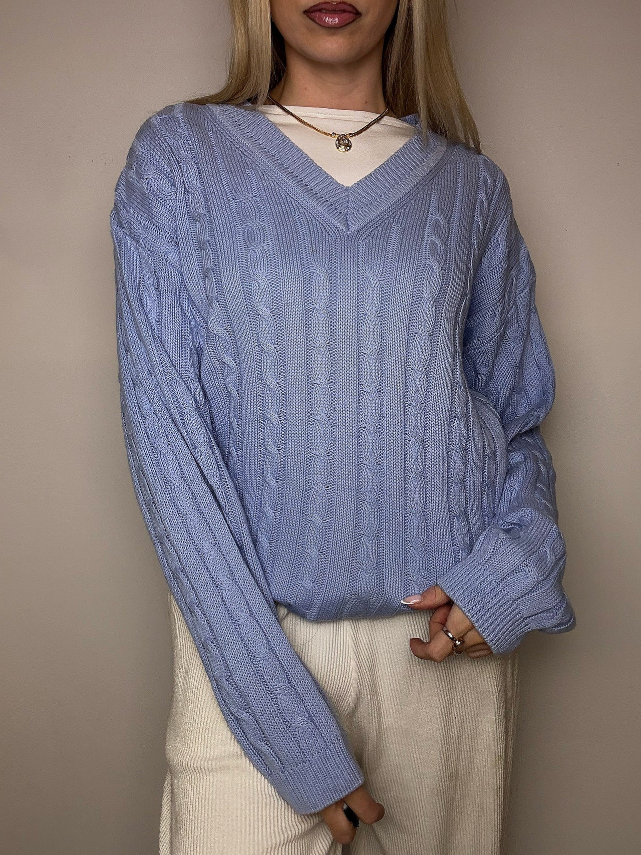Pull en laine col rond bleu L/XL vintage