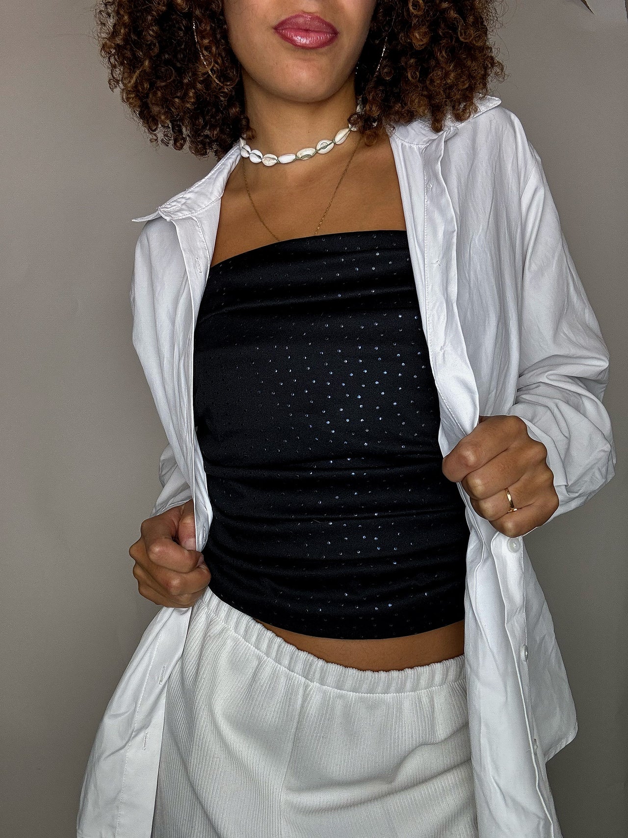 Corset noir drapé à paillettes M vintage