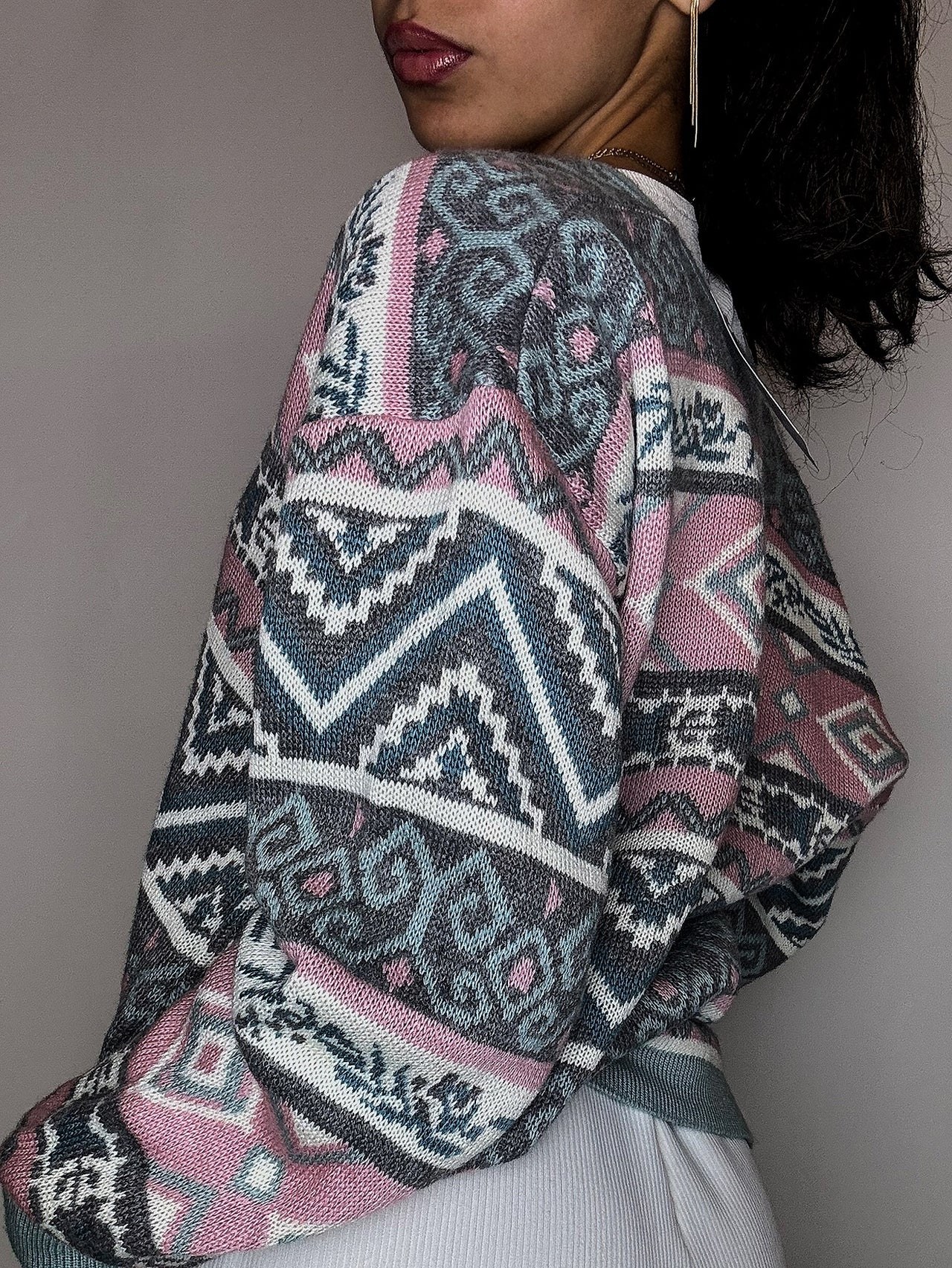 Cardigan graphique rose et bleu L vintage