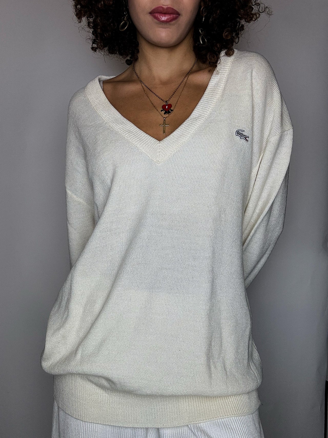 Pull col V beige LACOSTE M vintage