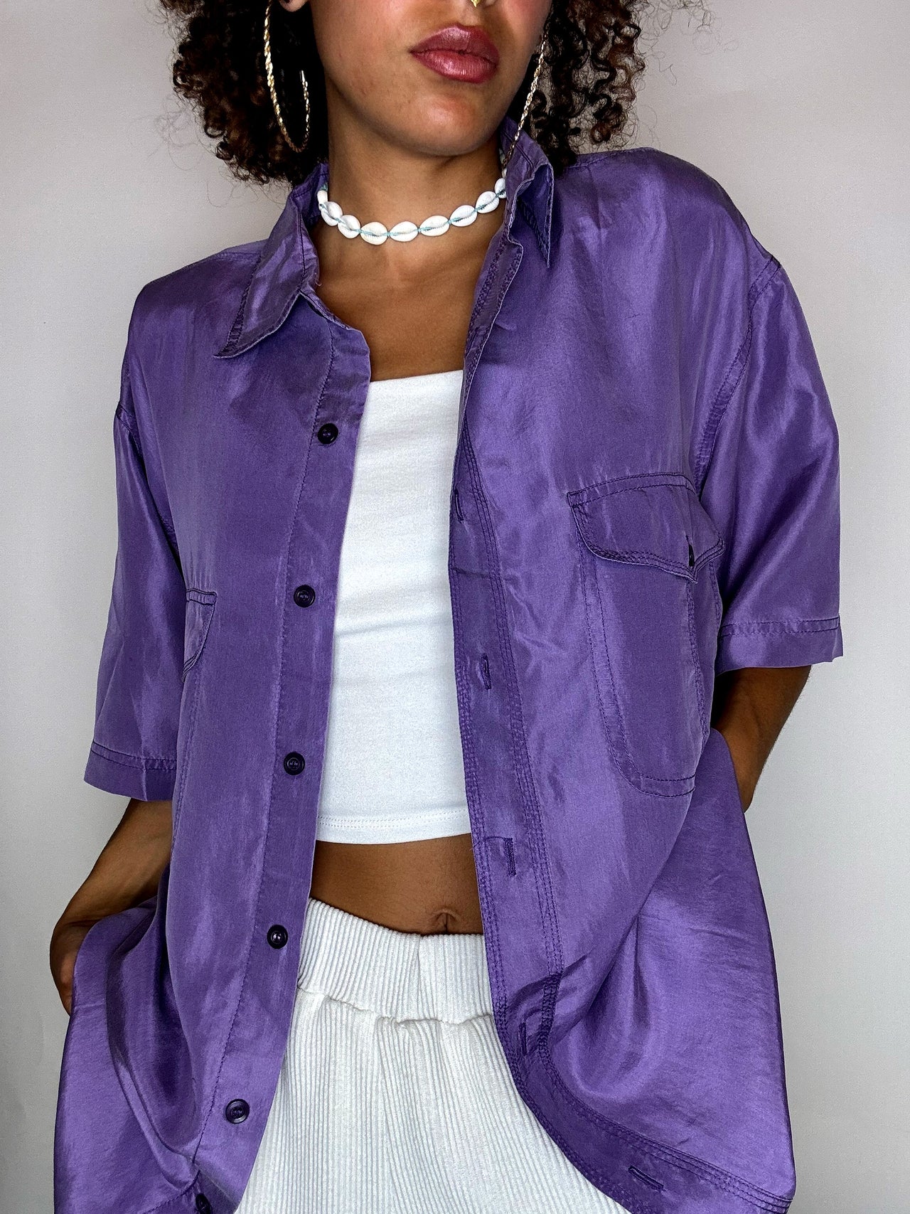 Chemise en soie manche courte violette S/M vintage