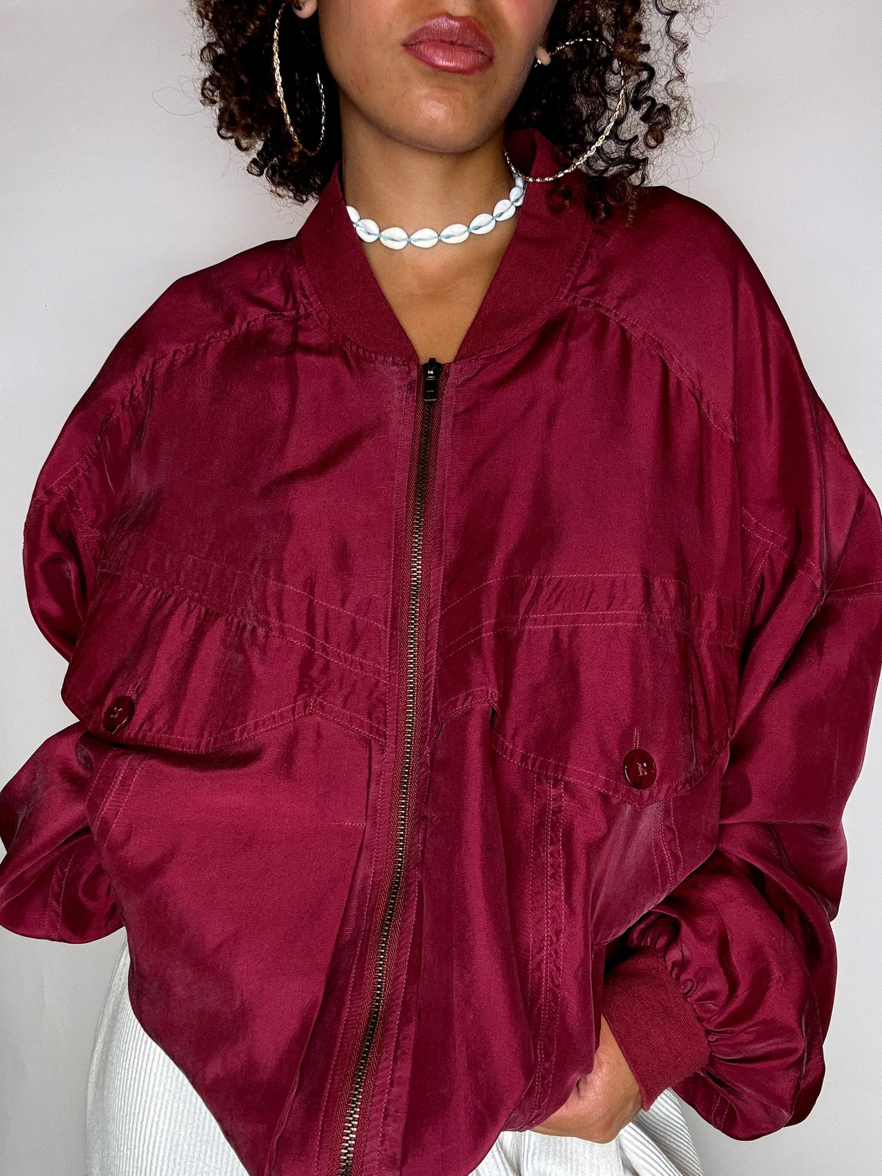 Bomber en soie rouge L vintage