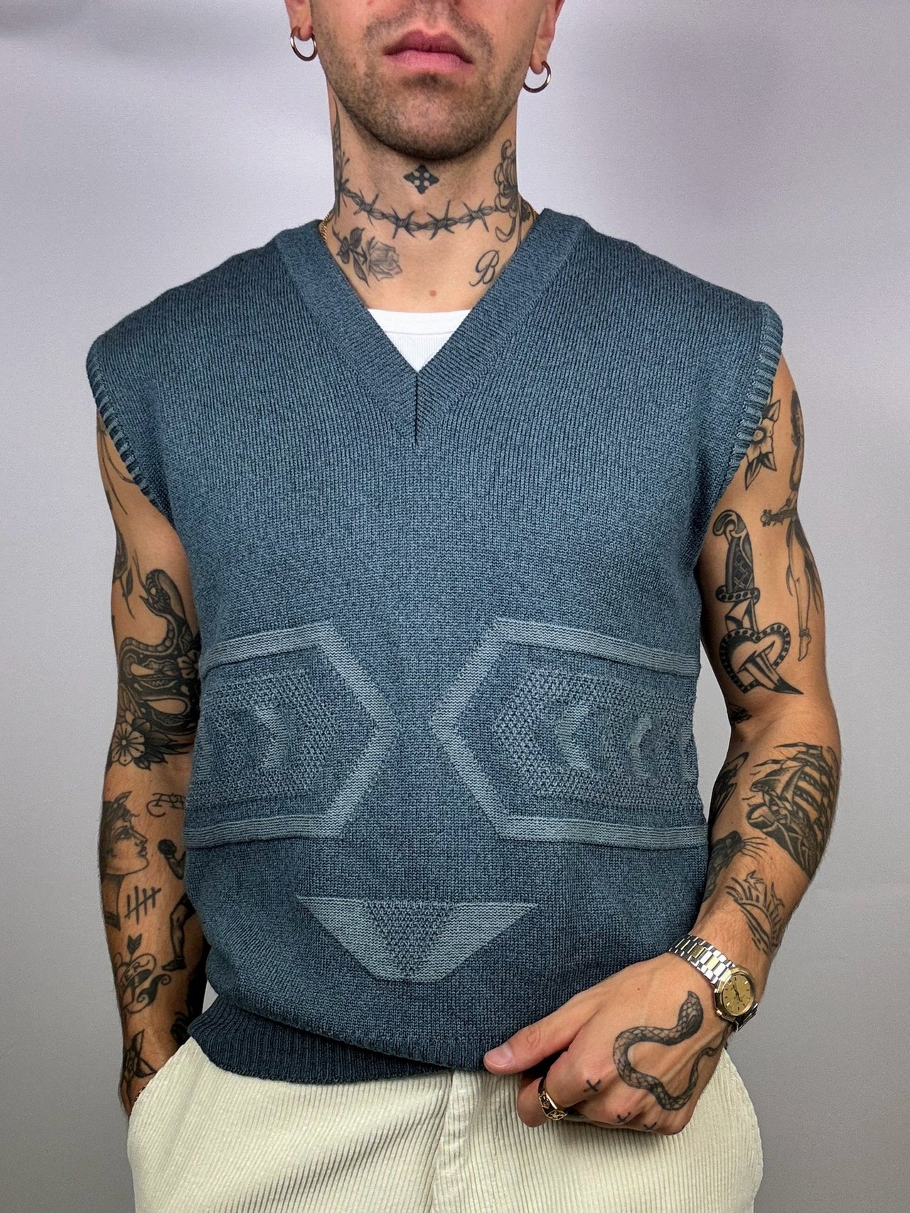 Duck blue knit vest L Vintage