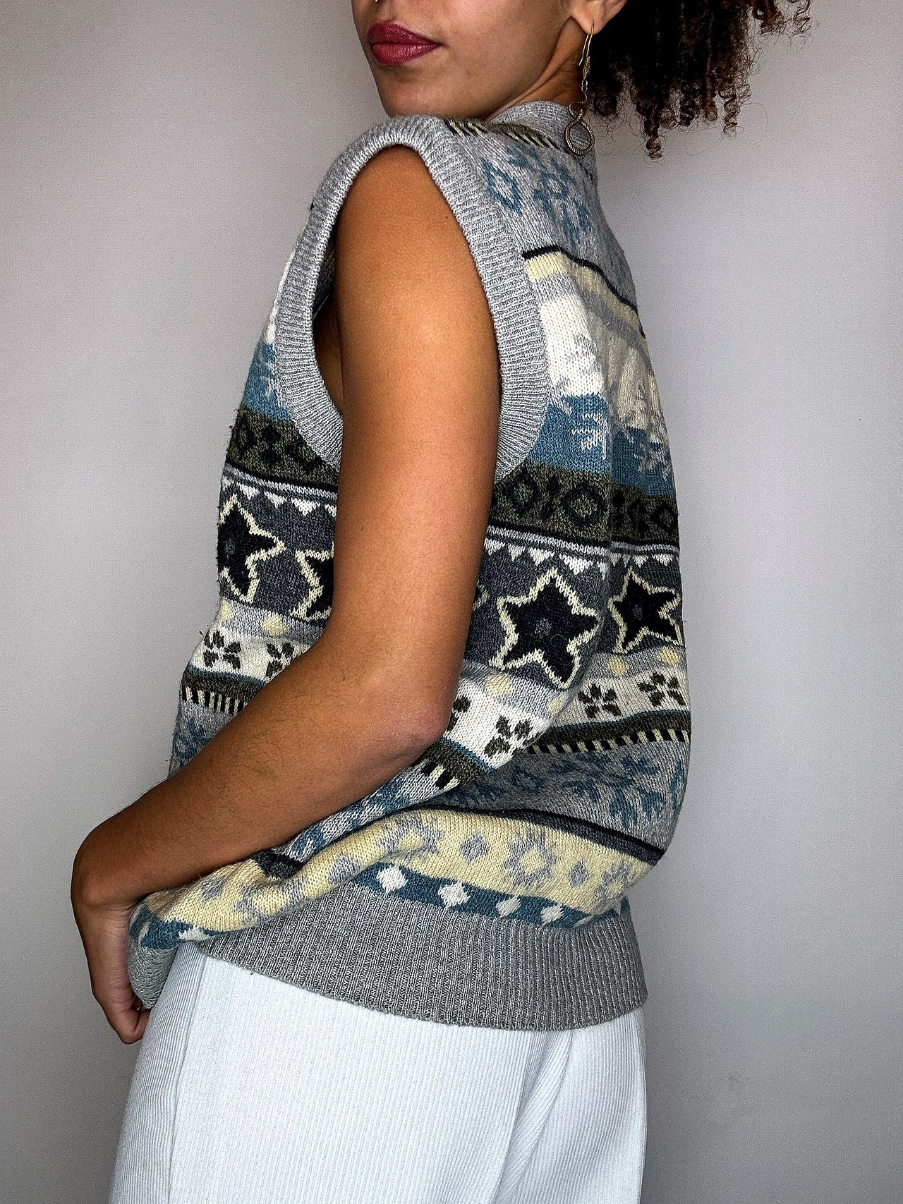 Gilet en maille bleu gris et beige L/XL vintage