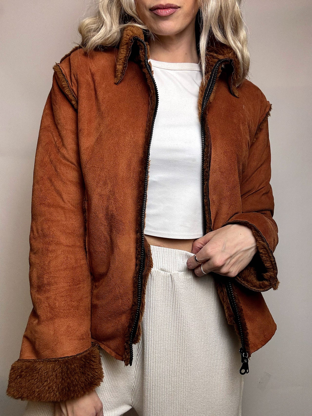 Veste tabac fausse fourrure cintrée L vintage