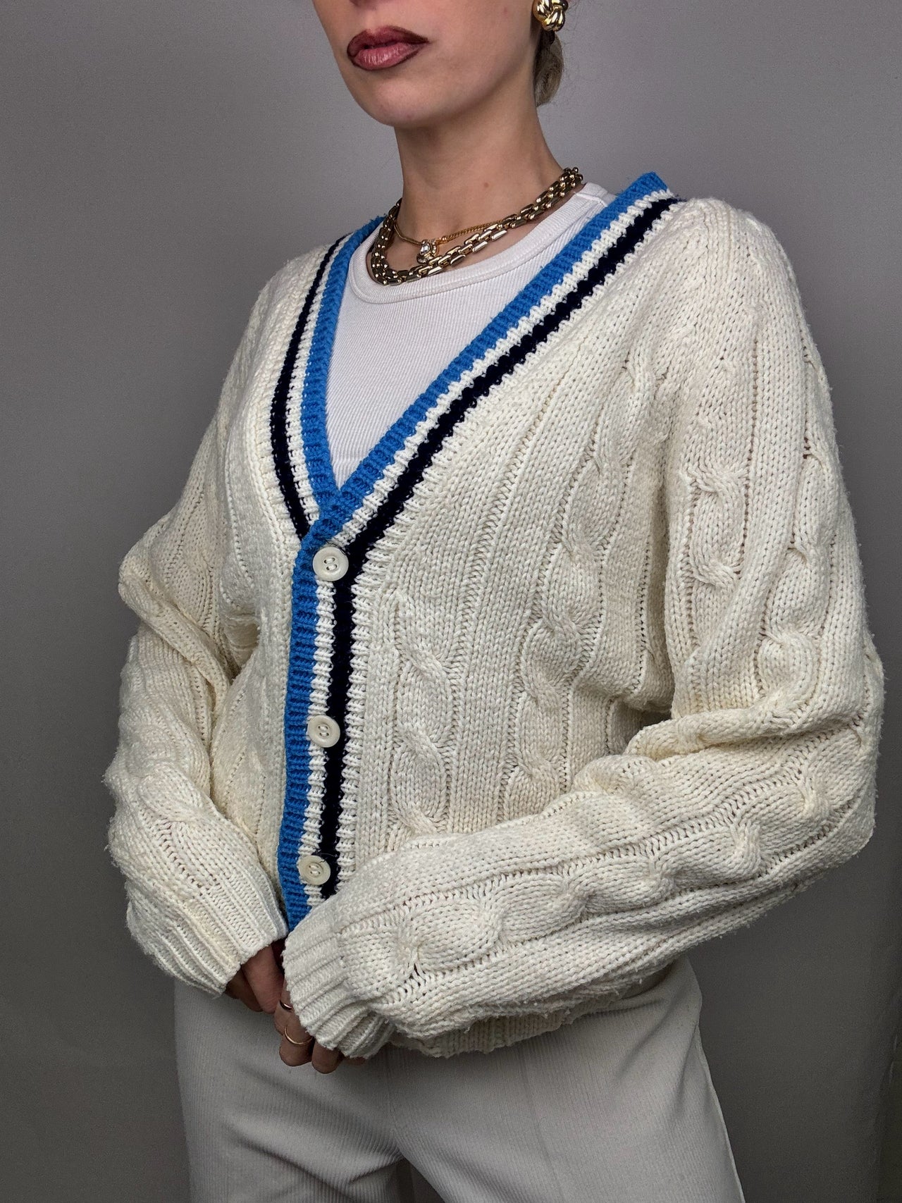 Cardigan cricket en maille crème L vintage