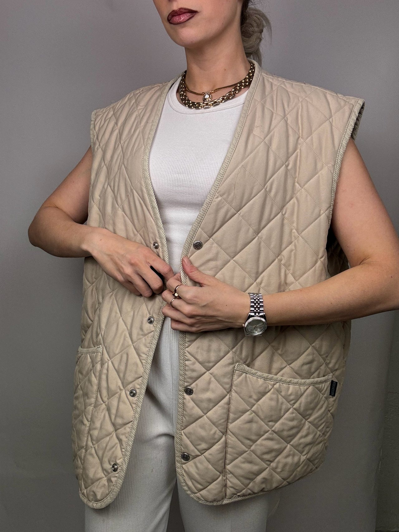 Vintage beige L/XL sleeveless quilted vest