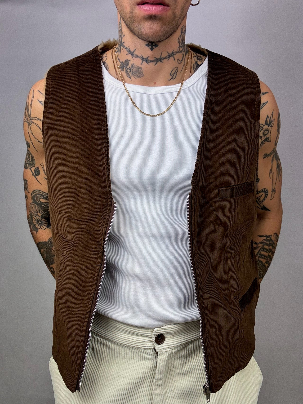 Vintage brown fur-lined velvet vest L