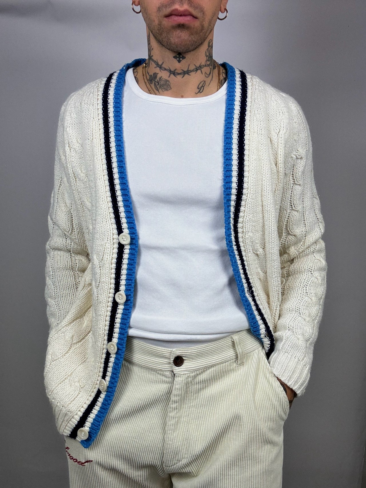 Cardigan cricket en maille crème L vintage