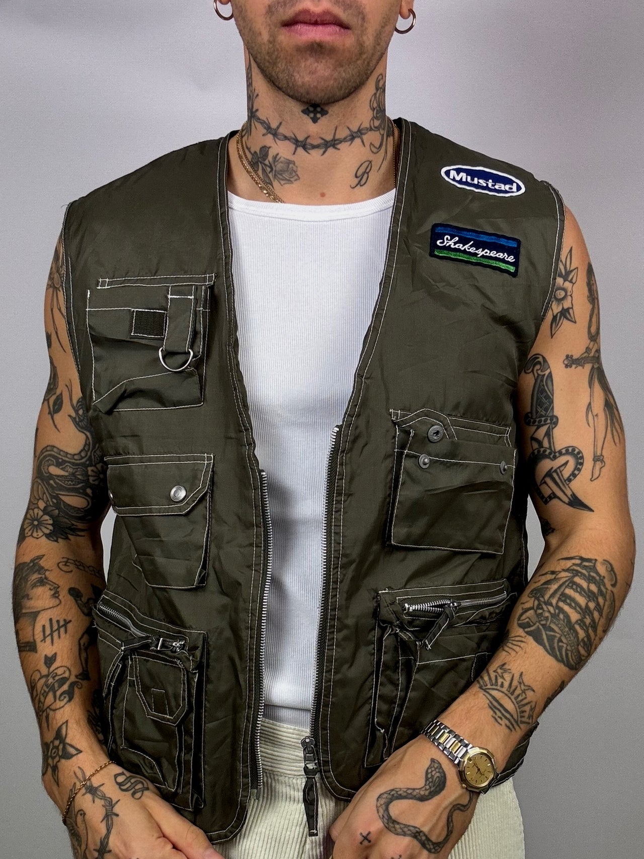 Vintage Khaki Waterproof Fishing Vest L