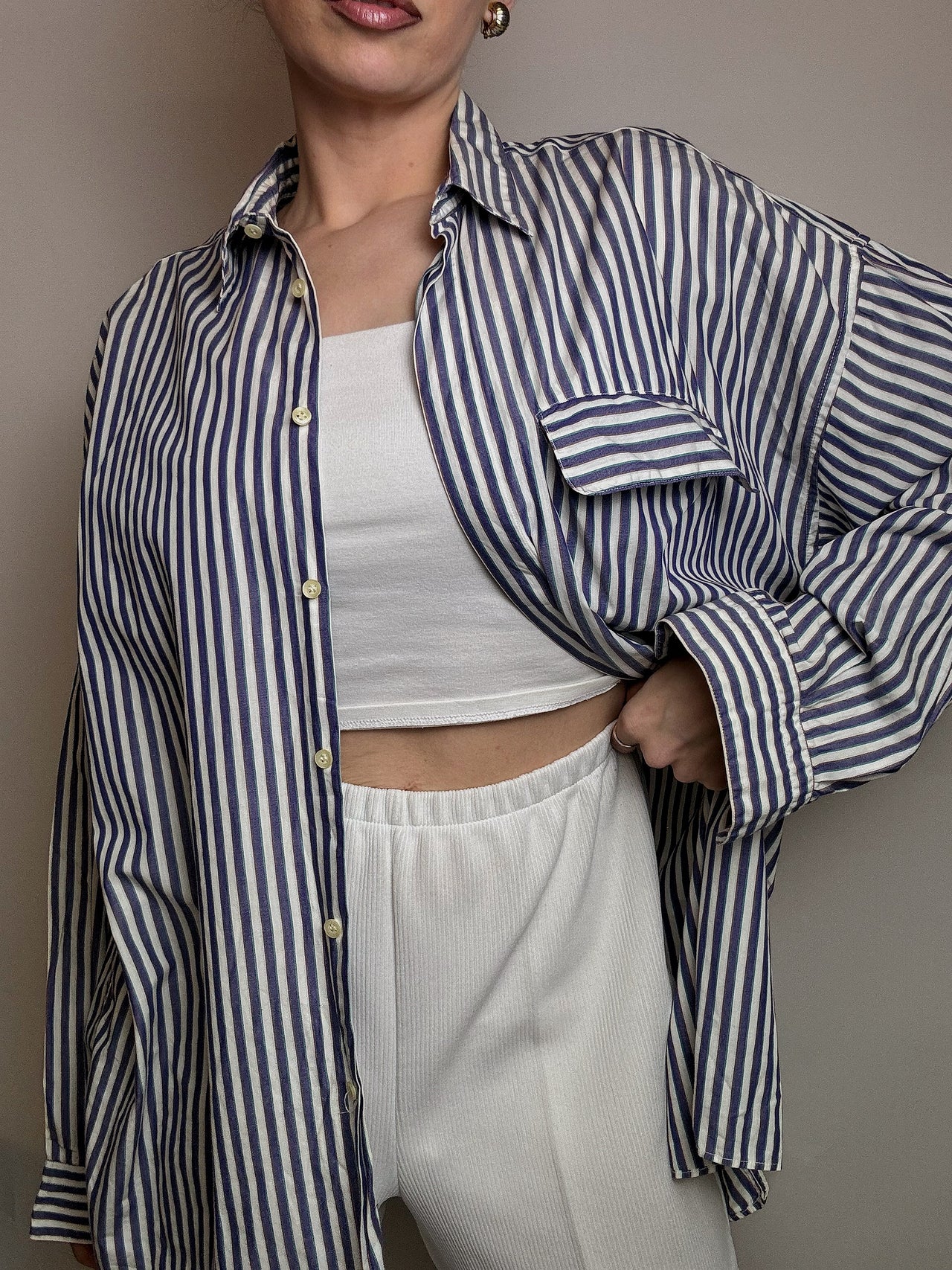 Vintage M weiß und marine gestreiftes Baumwollhemd