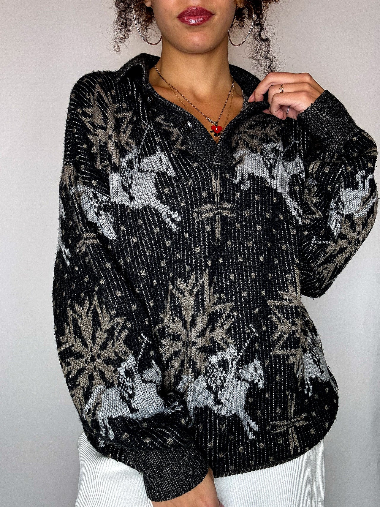 Pull col chemise noir avec graphisme M/L vintage