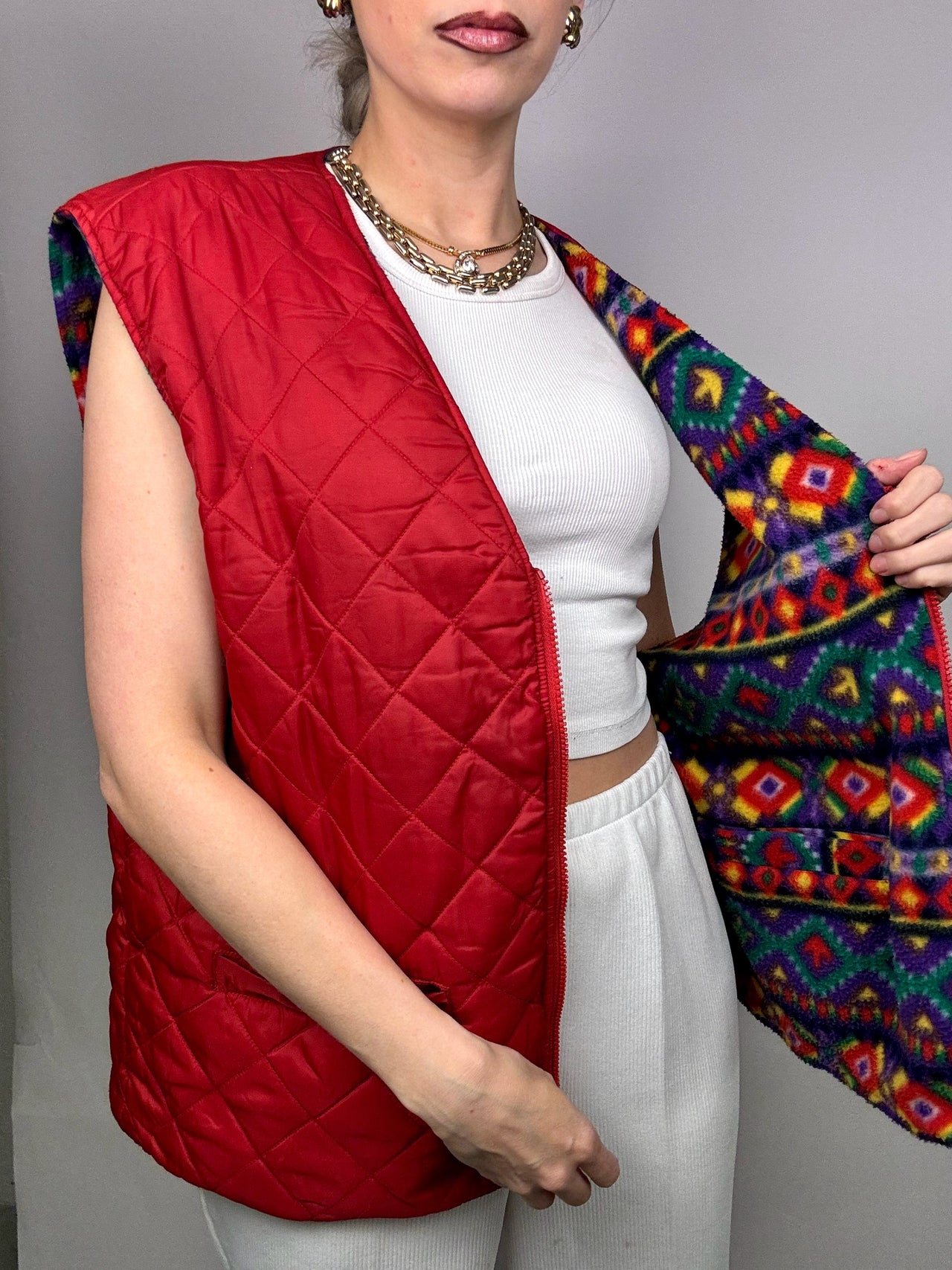 Reversible fleece vest with pattern and VL/XL Vintage collar