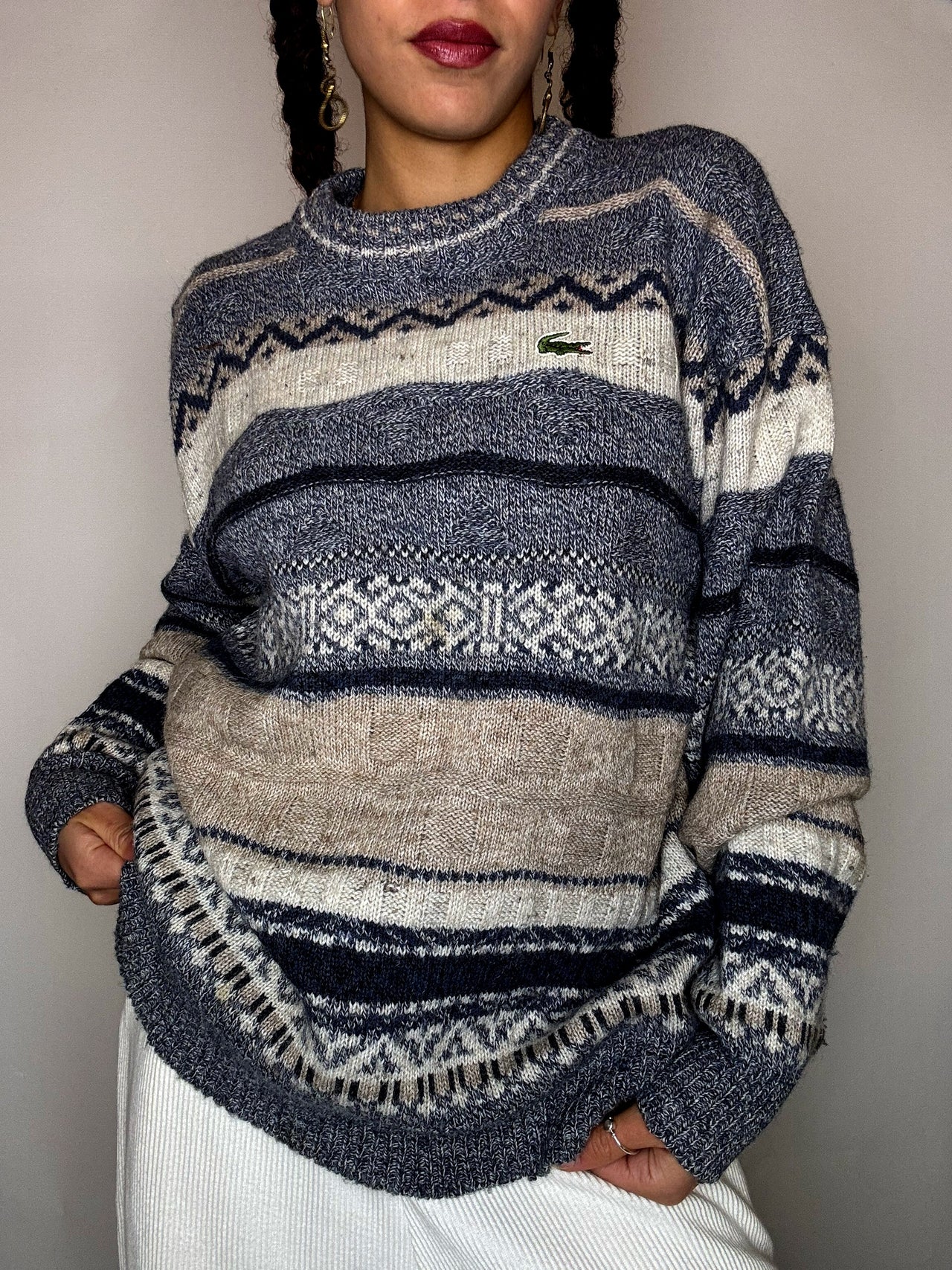Pull à motif gris et bleu LACOSTE S/M vintage