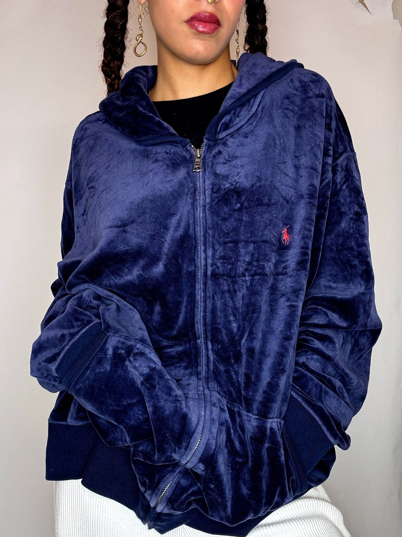 Hoodie zippé en velours marine RALPH LAUREN XXL vintage