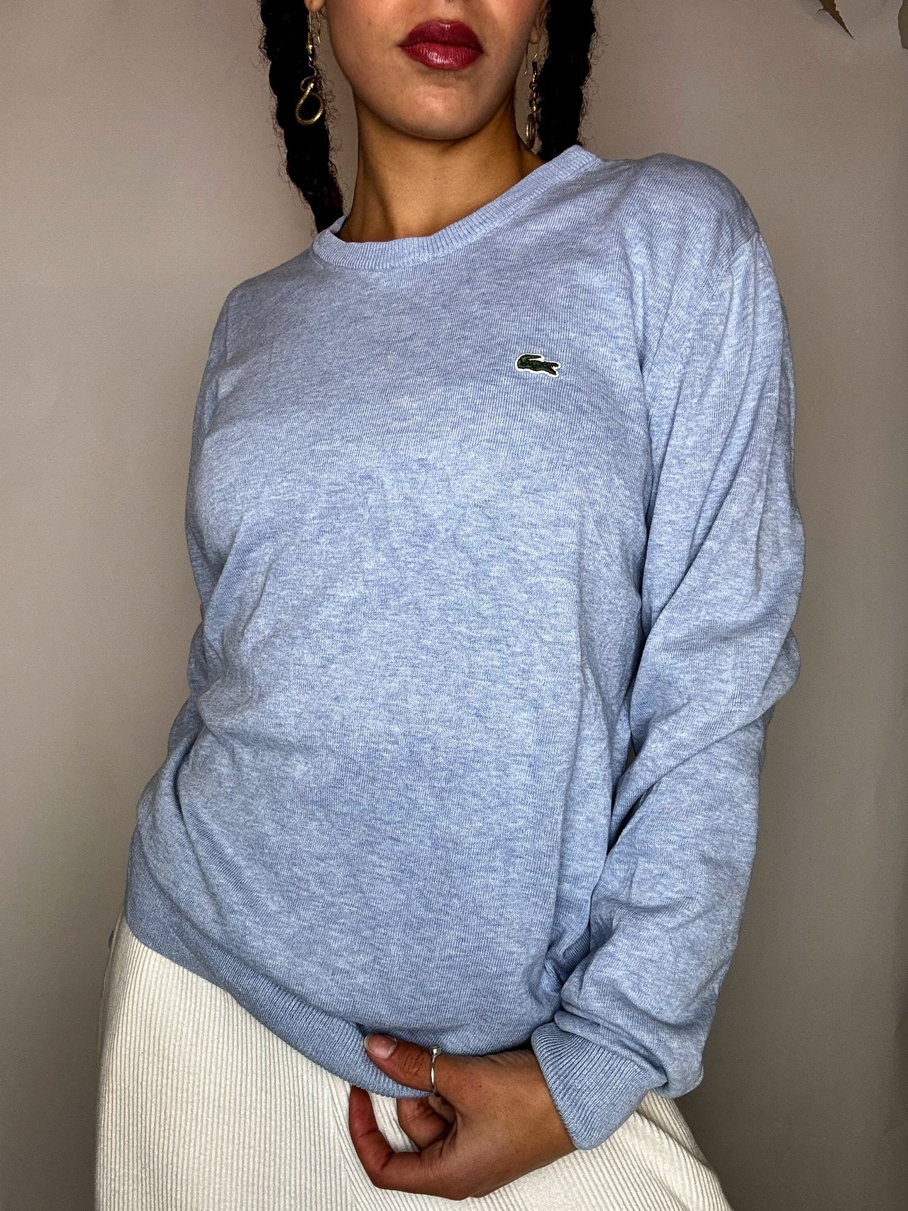 Pull a col rond bleu ciel LACOSTE M vintage