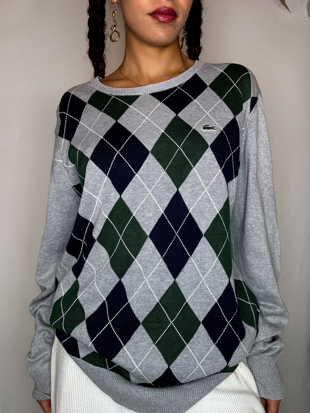 Pull motif argyle gris LACOSTE M vintage