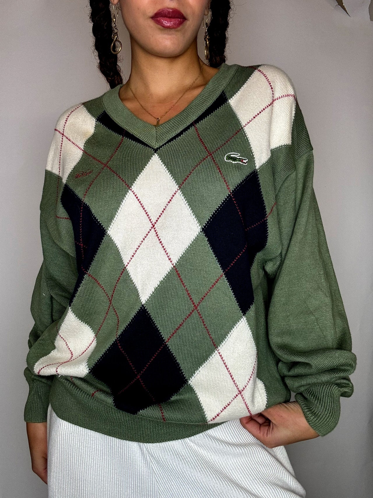 Pull motif argyle kaki LACOSTE S/M vintage
