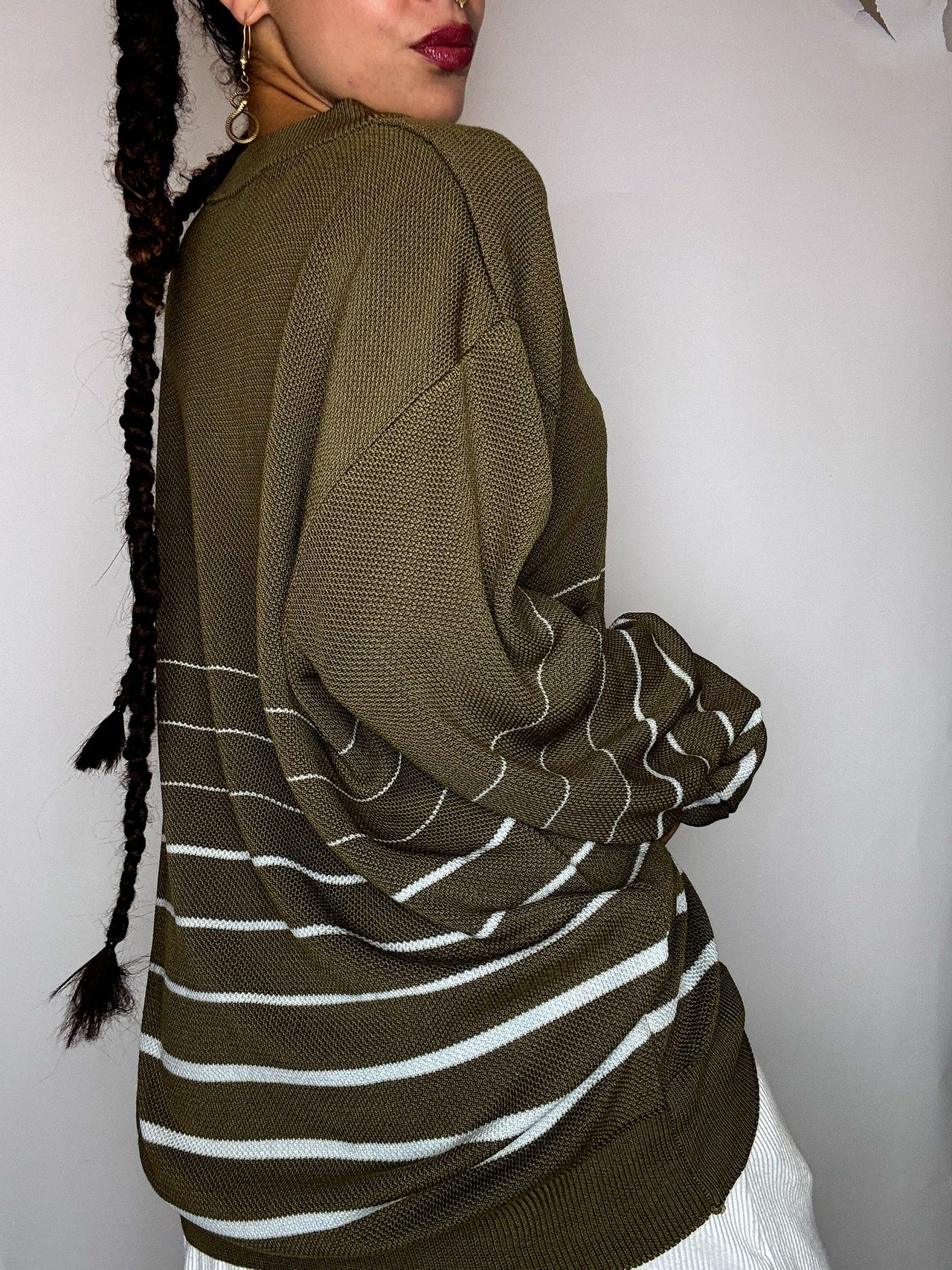 Pull col rond rayé kaki LACOSTE XXL vintage